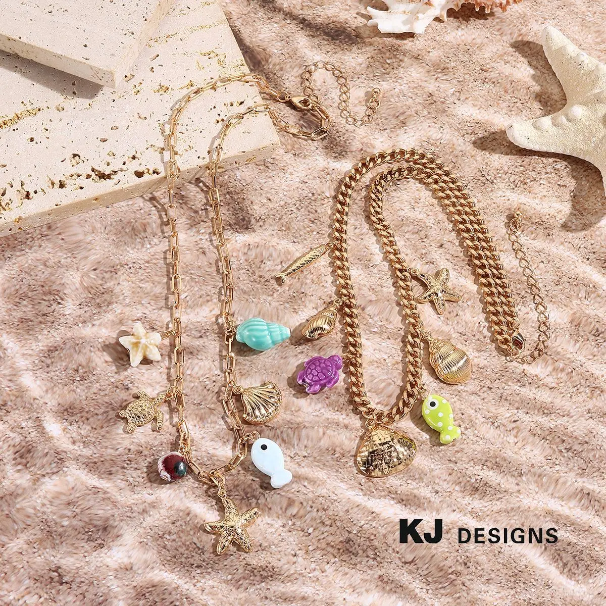 Kenjie Summer Joy Color Ocean Wind Multi Pendant Necklace Ceramic Holiday Ocean Shell Turtle Necklace