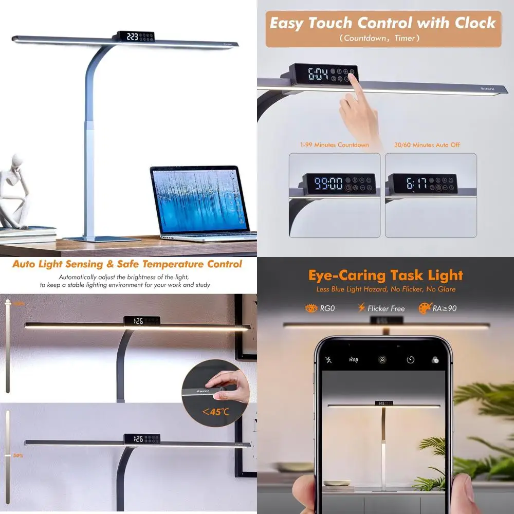 

Ultra-Bright 3400LM LED Desk Lamp with Clock, 31.5W x 27H, 25W Auto-Brightness, Touch Control Gooseneck Light for Home Office Wo