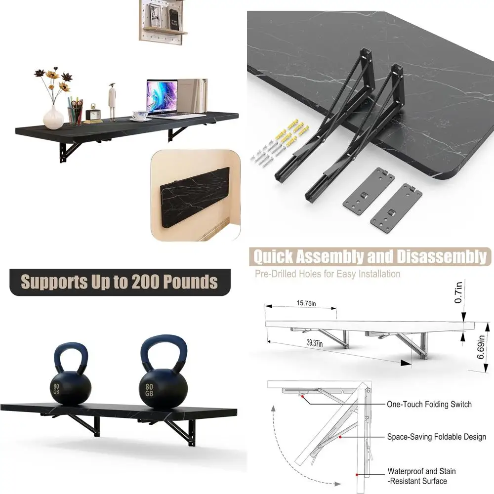 

40x16 Inch Wall-Mounted Folding Table with Heavy-Duty Brackets, Supports 200lbs, Ideal for Small Spaces and Home Offices