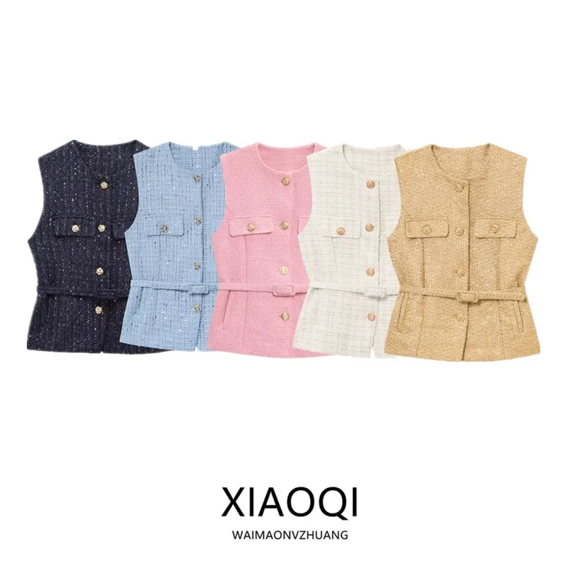 

Spring 2025 Women's Design Sense Svel Belted Texture Vest Versatile Single Button Closure Regular Length Other Material...