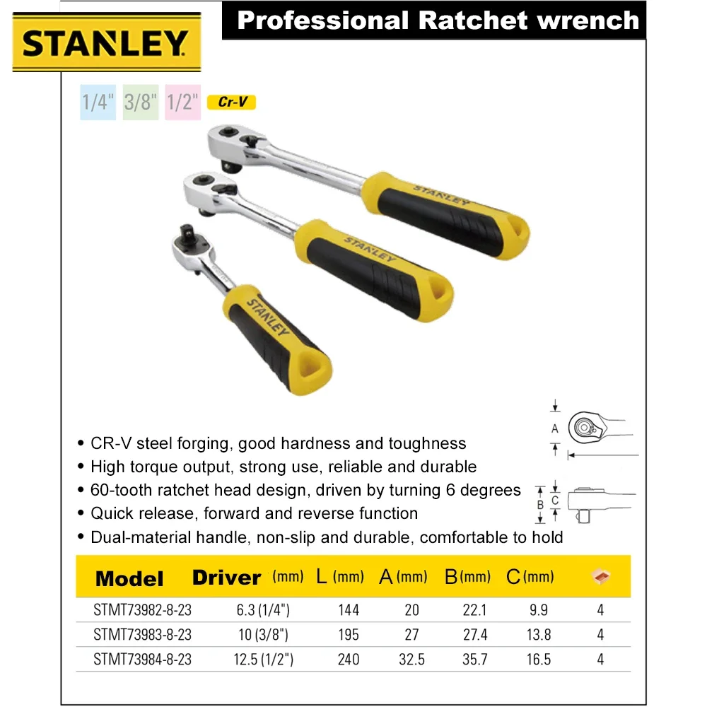 

Stanley Professional Ratchet Wrench for Mechanic STMT73982 60-tooth High Manganese Steel Ratchet Head 1/4inch 3/8inch 1/2inch