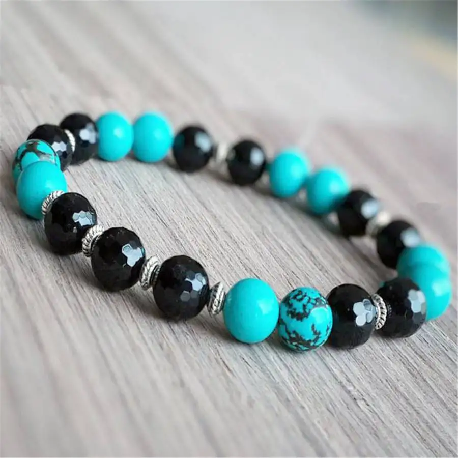 

8mm Natural Black Onyx Turquoise Mala Bracelet Bodhi elastic Nirvana Yoga Buddha Stone Men's zazen Jewelry Bead Women Buddhist