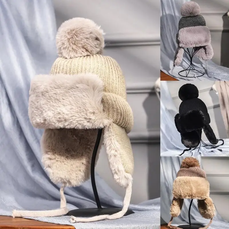 P88A النساء الشتاء متماسكة بوم بوم الصياد قبعة سميكة رقيق أفخم الحرارية الدافئة الثلوج التزلج يندبروف بلون قبعة غطاء للأذن #2