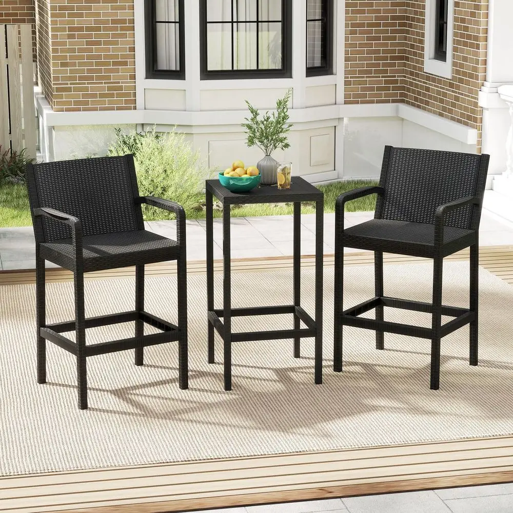 3 Pieces Patio Bar Set, Modern Outdoor Bistro Set with 2 Chairs and 1 Square Bar Table, Curved Backrest and Armrests, Metal Fra
