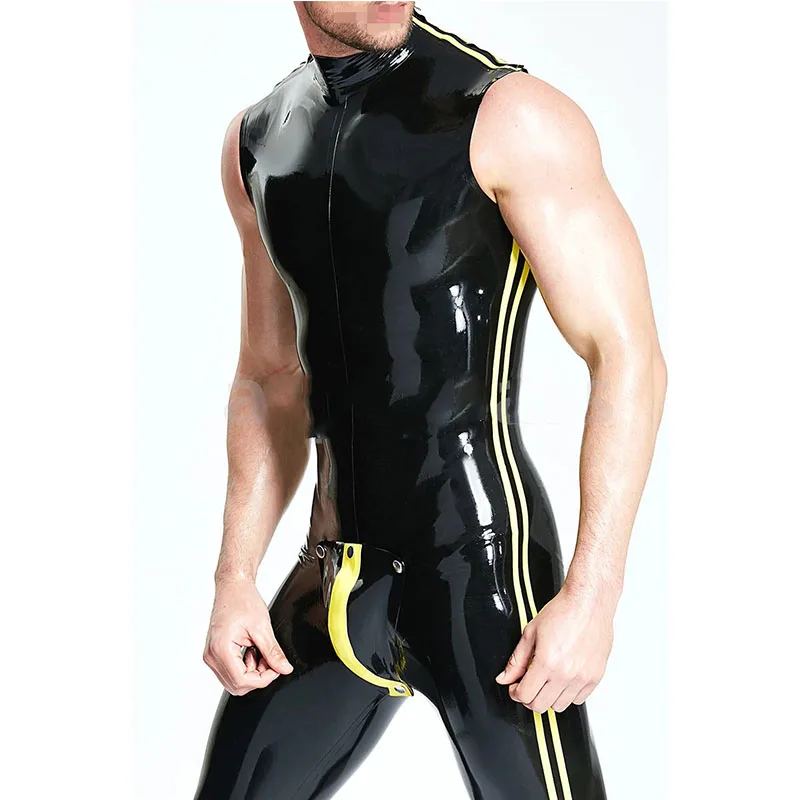 Men\'s Sleeveless Double Shoulders Zipper Catsuit Cod-piece Black and Yellow Strips Latex Tight Jumpsuit Rubber Catsuit