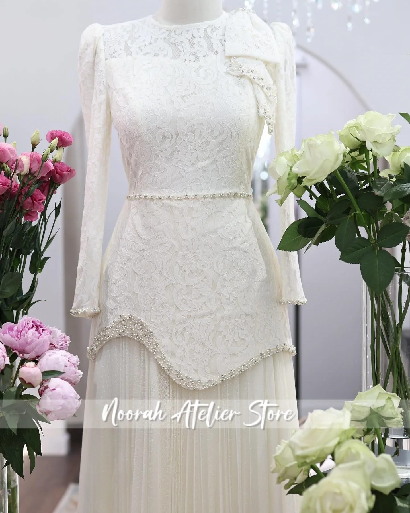 Nuevo musulmán encaje blanco O N manga larga vestidos de noche de lujo para mujer 2025 Dubai arco vestido de celebridad vestido de graduación personalizado