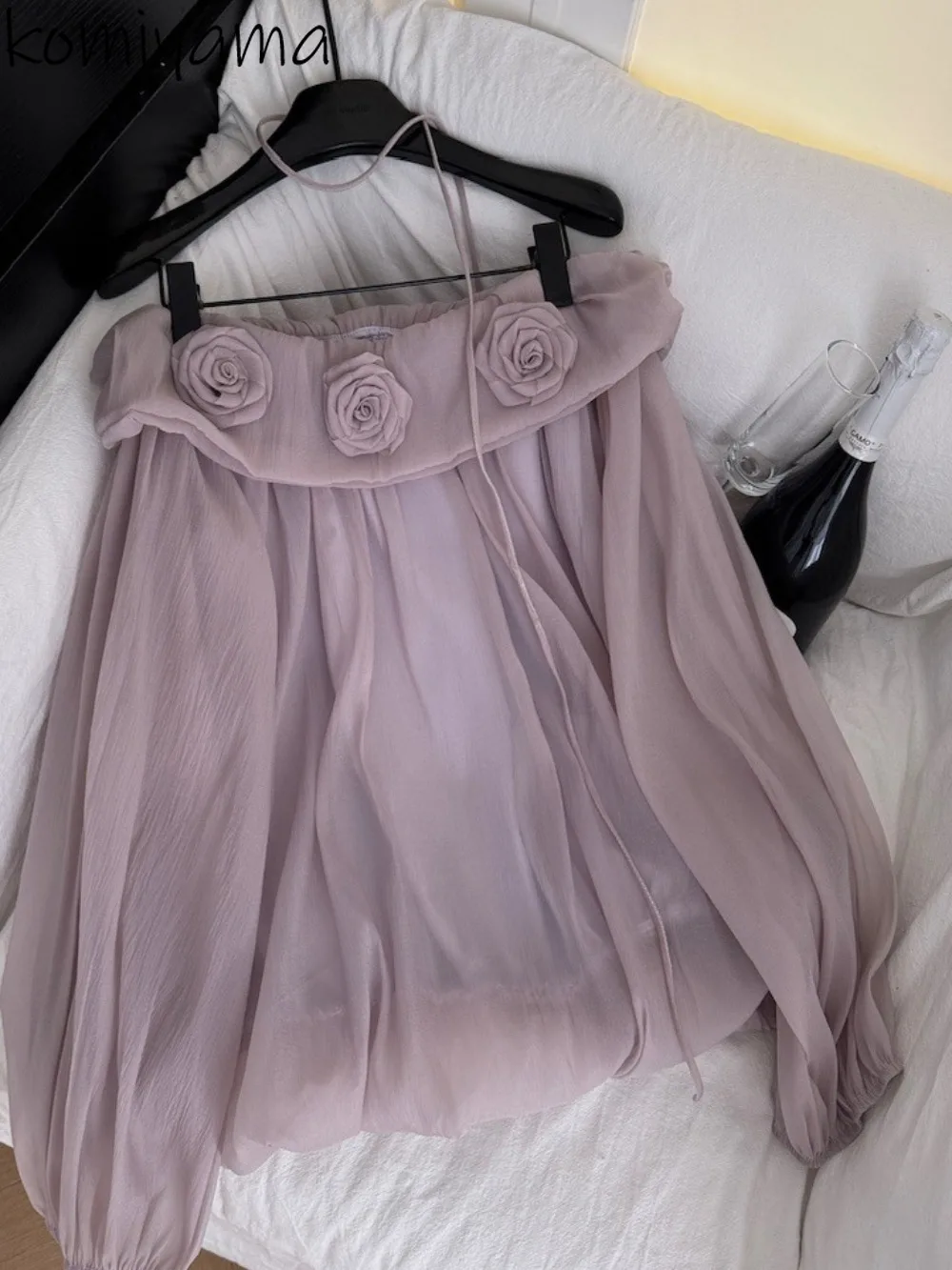 

3d Flower Slash Neck Woman 2025 Shirts Blouses Full Sleeve Blusas Fairy Loose Ropa Mujer Autumn Camisas Teenage Girls Clothing