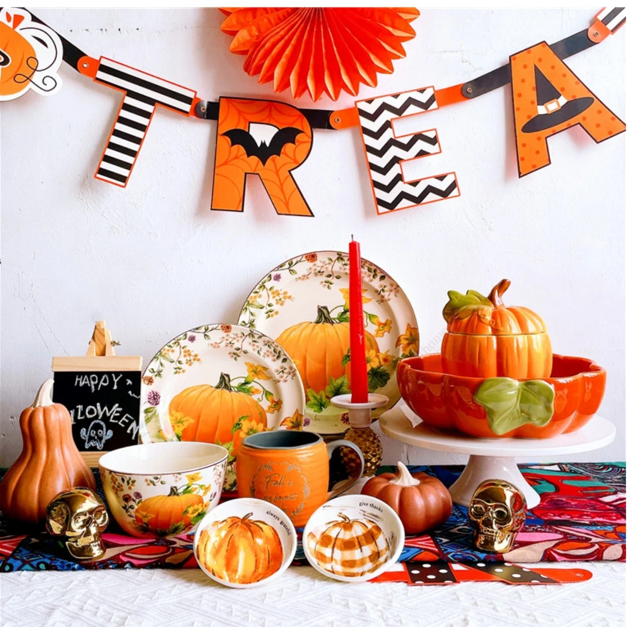 Ceramic Tableware Set Halloween Pumpkin Series Dessert Snacks Fruit Plate Western Steak Tray Bowl Party with Cups Gift Ornaments