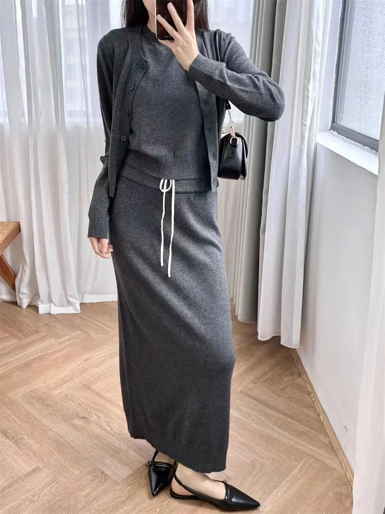 Fashion All-match Simple grey Knit Set donna Splice coulisse gonna Midi o Cardigan o-collo o gilet senza maniche abito da donna