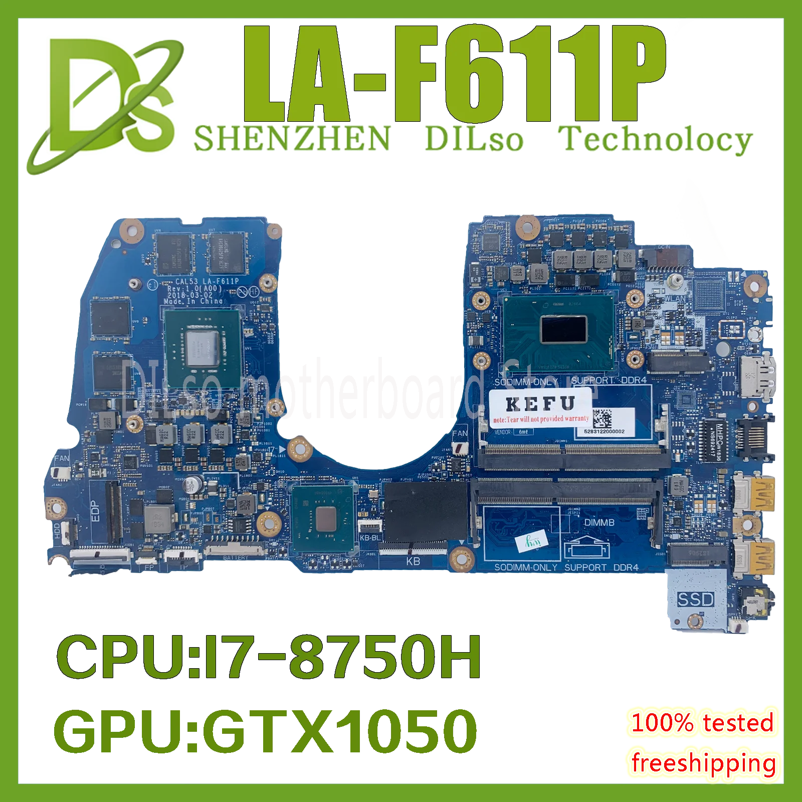 

KEFU CAL53 LA-F611P Mainboard For DELL G3 15-3579 3579 Laptop Motherboard i7-8750H GTX1050 100% Fully Tested