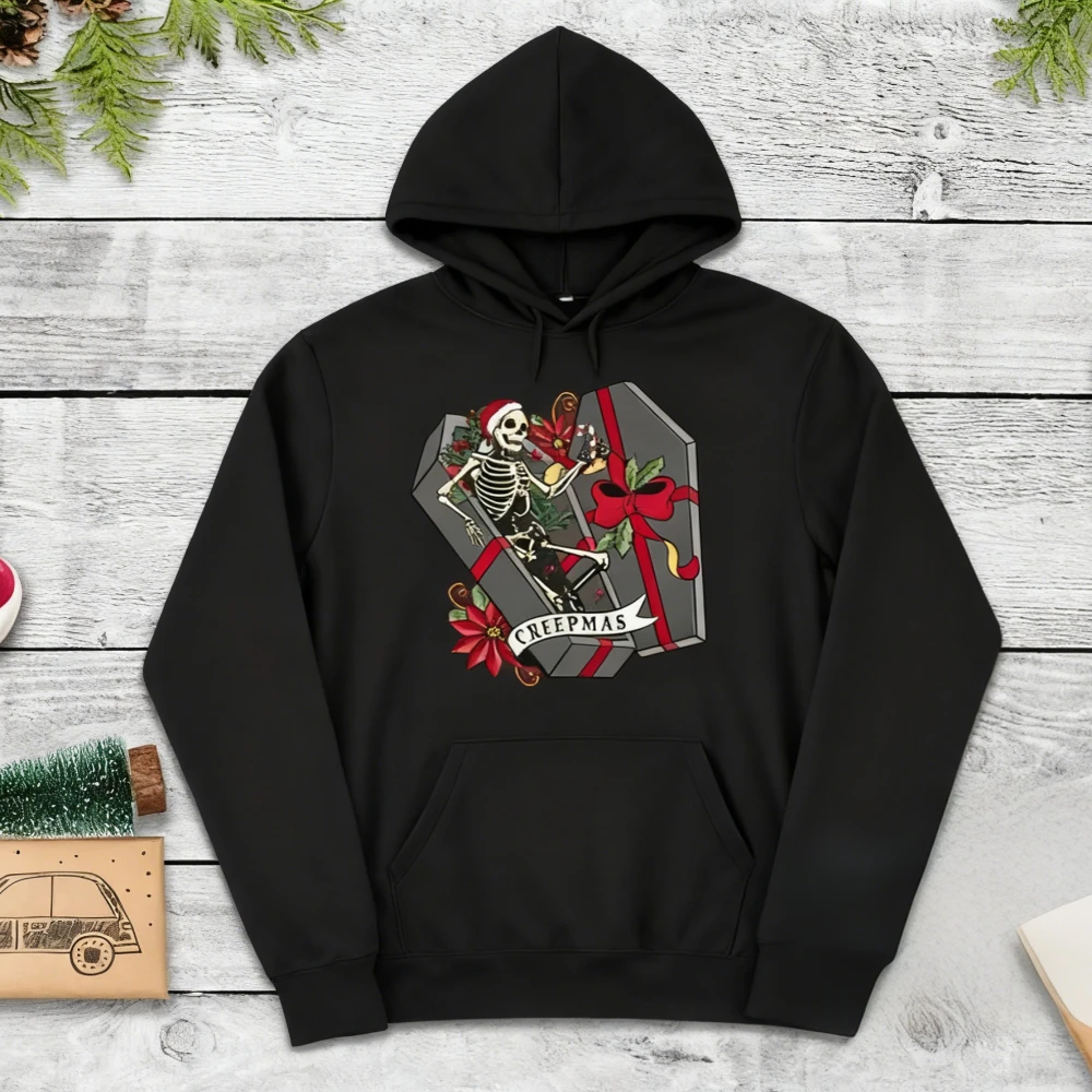 Creepmas Skeleton Christmas Hoodies Spooky Santa Funny Sweatshirt Skeleton in Santa Hat Hoodie Horror Gift for Gothic Xmas Fans