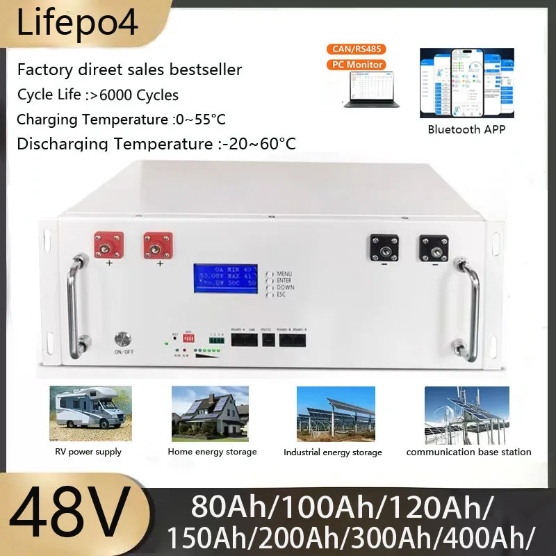 

48 В 51.2 В 80 Ач 100 Ач 100 Ач 120 Ач 150 Ач 200 Ач 10 кВтч 300 Ач 400 Ач lifepo4 литиевая батарея Bluetooth Приложение BMS для солнечной системы