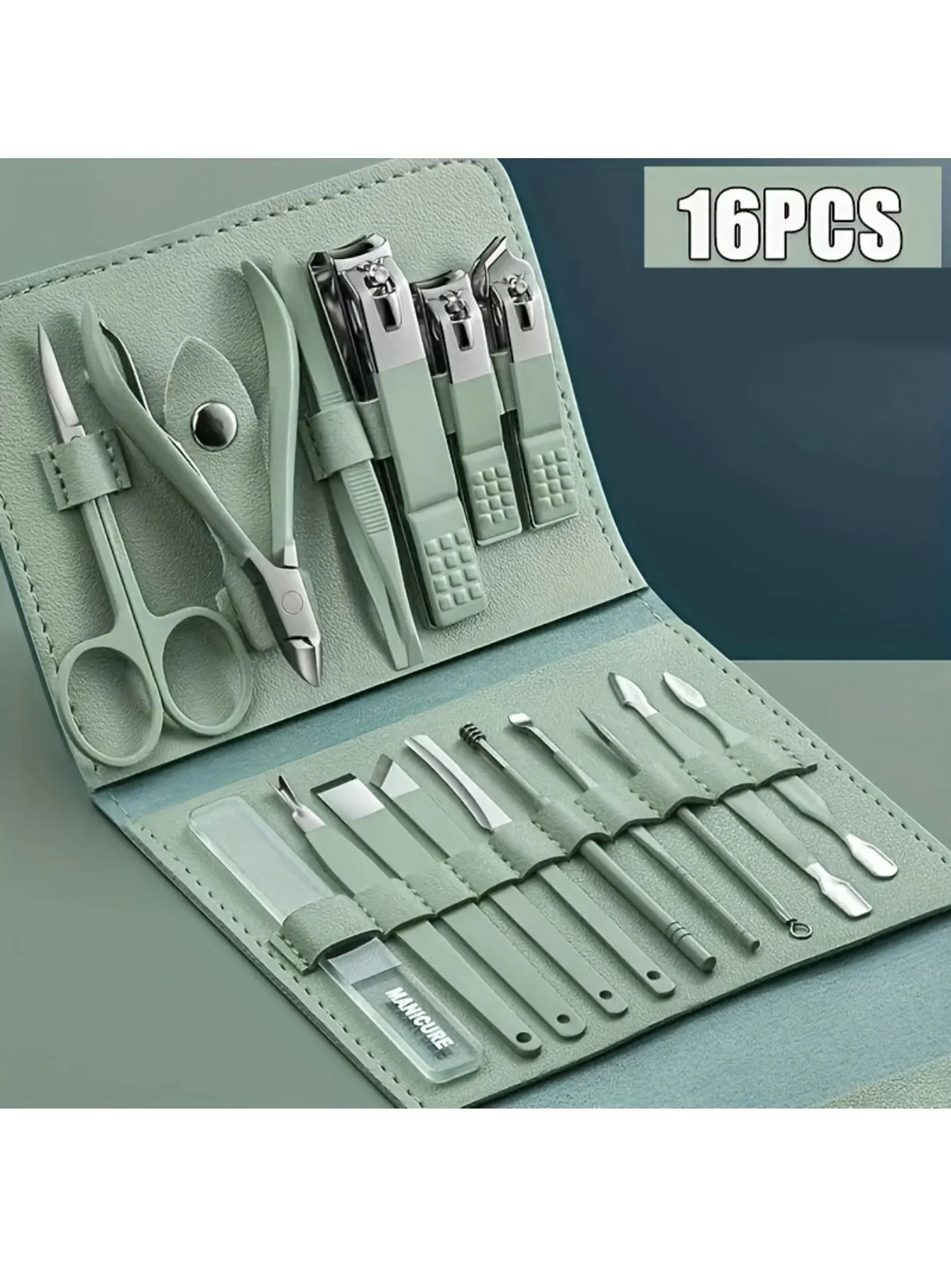 

Набор из 16 предметов: многофункциональный набор для ухода за ногтями и педикюра из нержавеющей стали с складной сумкой, включающий ложку для чистки ушей и кусачки для ногтей.