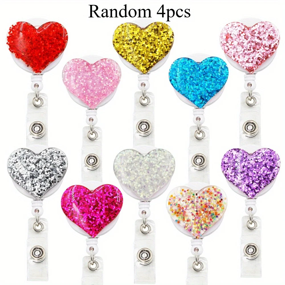 4pcs Retractable Badge Reels with Shiny Love Heart Design, Alligator Clip, and ID Badge Holder Clips for Nurse, Student, Office