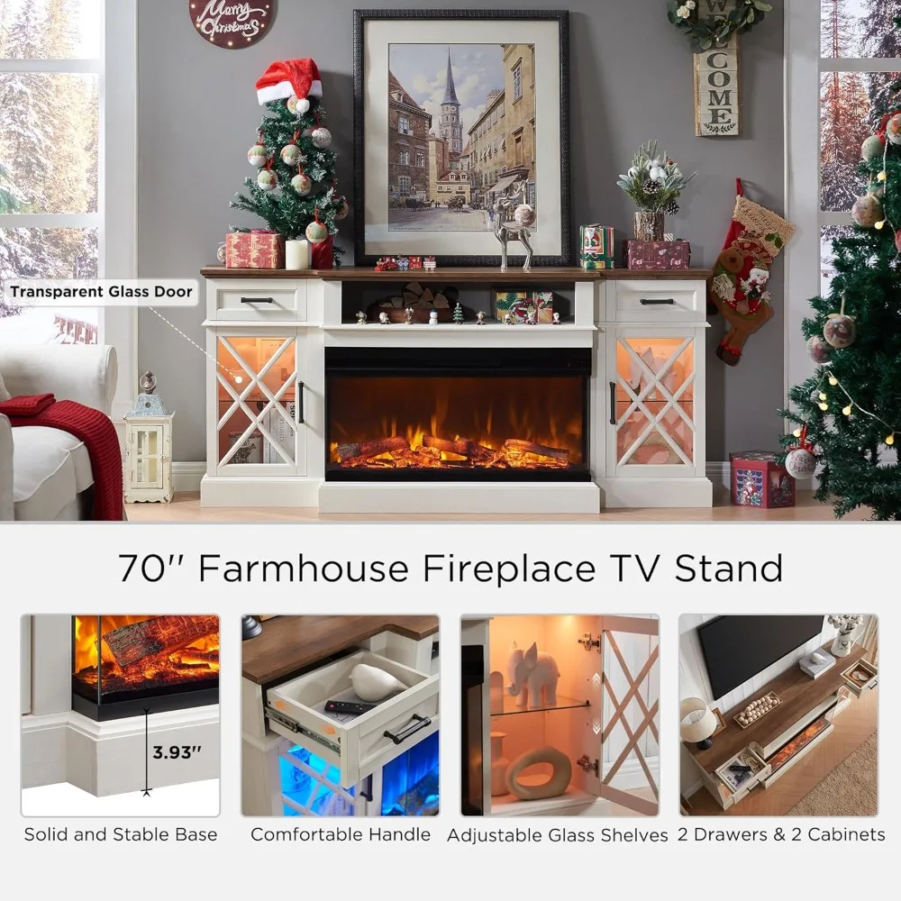 Farmhouse TV Stand with Fireplace, 70'' Entertainment Center Stand with 36