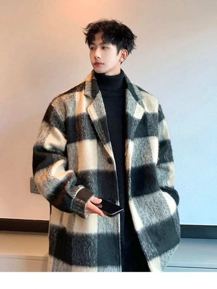 

Men's Tweed Coat Autumn Winter Faion Classic Plaid Woolen Jaet Long Length Suit Collar Sli Briti Sle Windbreaker