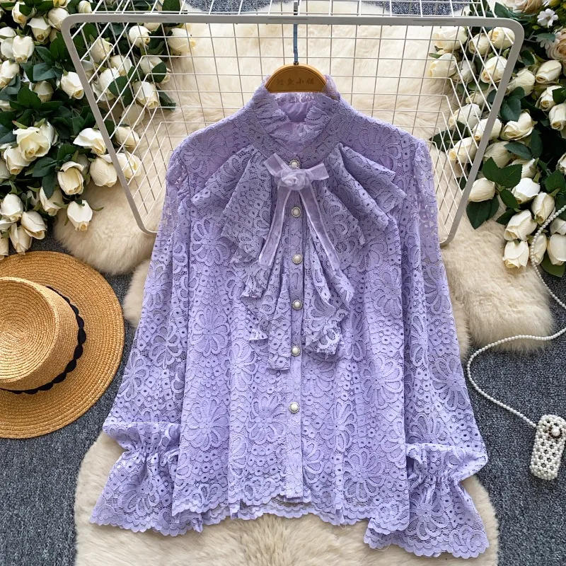 

Кружевные рубашки и блузки, женские топы с оборками, дворцовый стиль, винтажные Blusas Mujer, осень-зима, корейская мода, Camisas