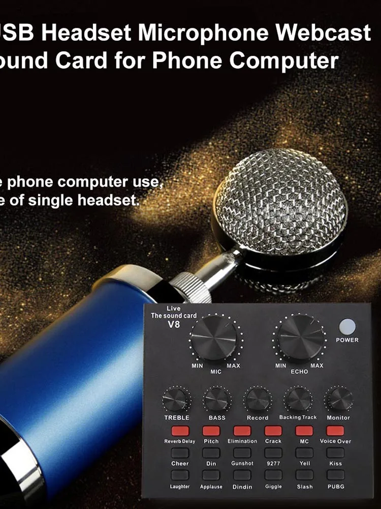 V8 Audio Sound Card with Monitor USB Electric Guitar Live Broadcast Recording for Studio Singing PC Phone Phantom