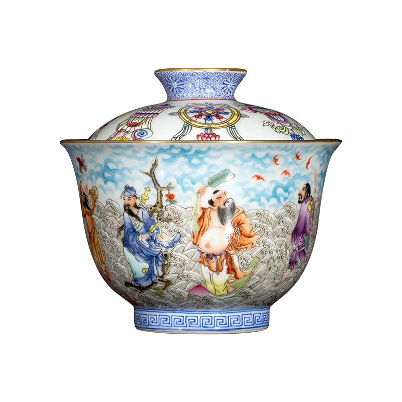Gaiwan Teacup Ceramic Ercai Gaiwan Single High-end Enamel Color Eight Immortals Crossing the Sea Tea Bowl