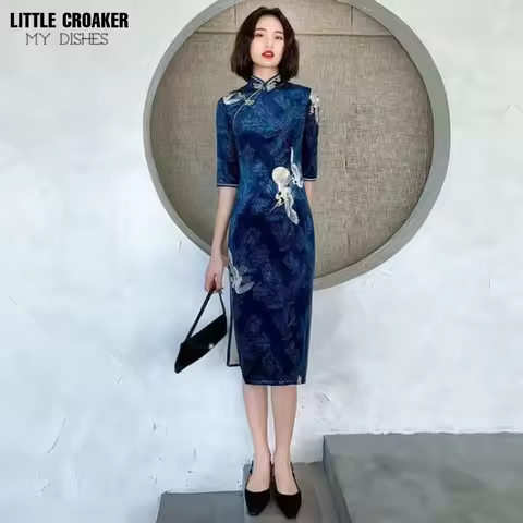 Chinese Crane Dress Qipao Calf-length Dress for Women in Autumn Vintage Qi Pao Dress Woman Dark Blue Red Evening Cheongsam