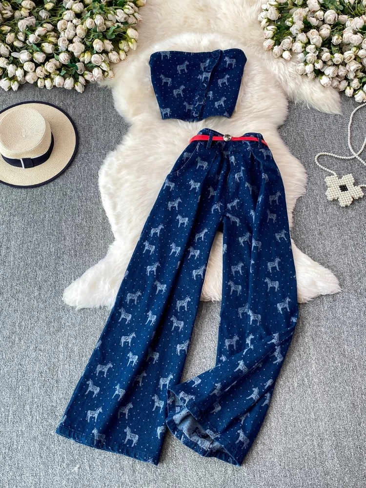Top Sexy Diagonal Button Denim Tube Two Piece Set Vintage Print Lace Up Elegant Cute Lovely High Waist Wide Leg Chic Pants
