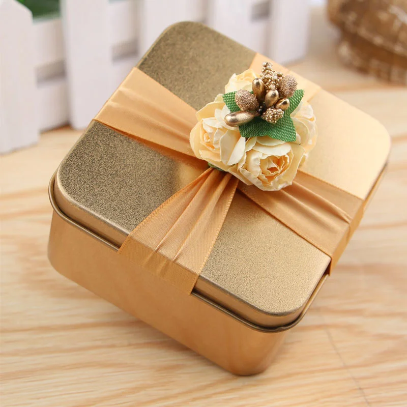 

6Pcs Tinplate Wedding Candy Boxes Gold Tone Flower Decor Hard Deform Resist Storage Case Party Favor for Wedding