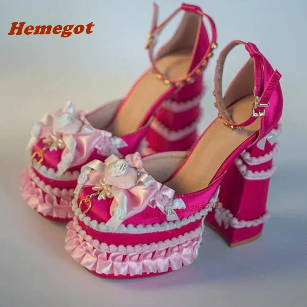 Spicy Girls Platform Chunky Heels Sandals Round Toe Lace Satin Pleated Edge Color-Matching Buckle Women\'s Sandals Lolita Sexy