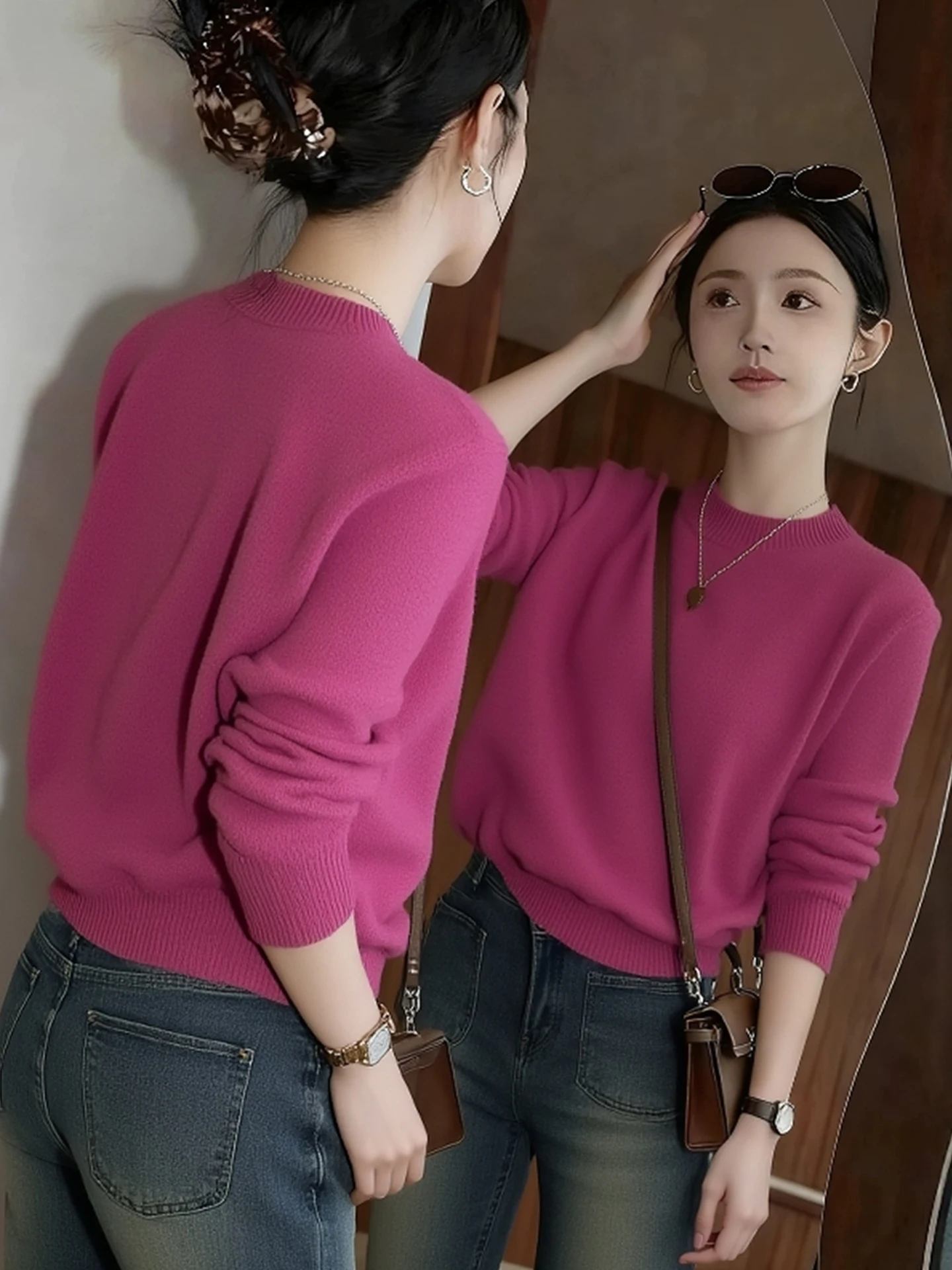 

Comfortable Long Sleeve Sweet Stylish Knitwear round Neck Overhead Winter Top Soft Design Sensation Korean Style Loose Fit Kn...