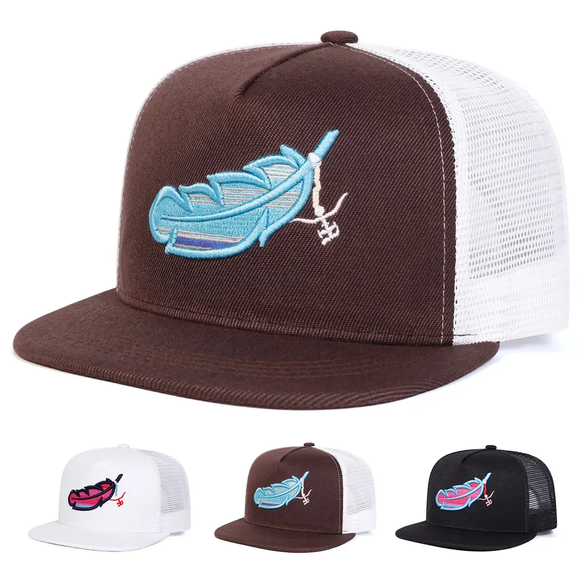 Unisex Bunte Feder-Stickerei Hip-Hop Netzhüte Frühling Sommer Outdoor Verstellbare Lässige Baseballkappen Sonnenschutzhüte