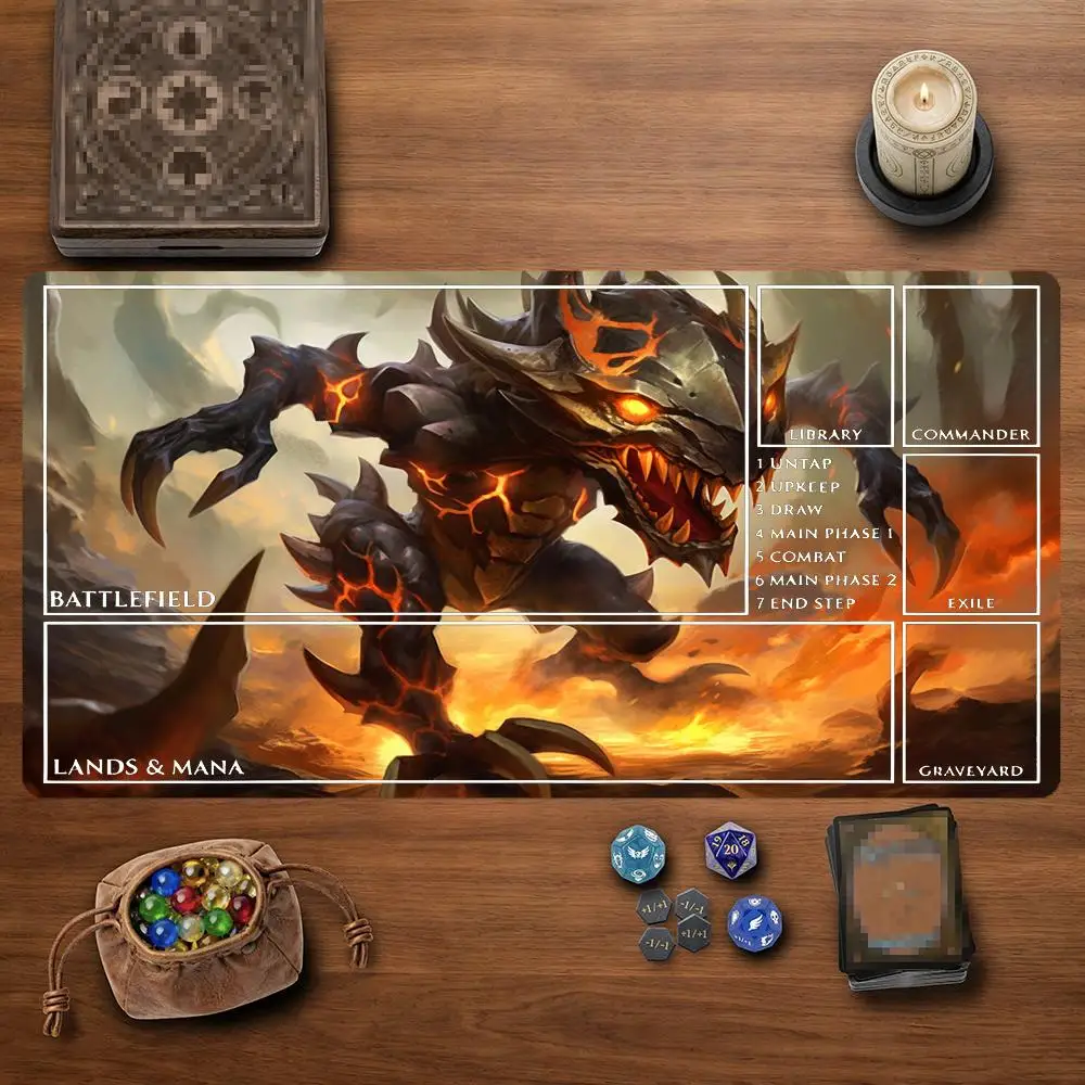 Lava Demon Beast TCG Playmat 35X60CM Fiery Volcano Magic Card Battle Mat Non-Slip Durable Stitched Edge Trading Card Playmat