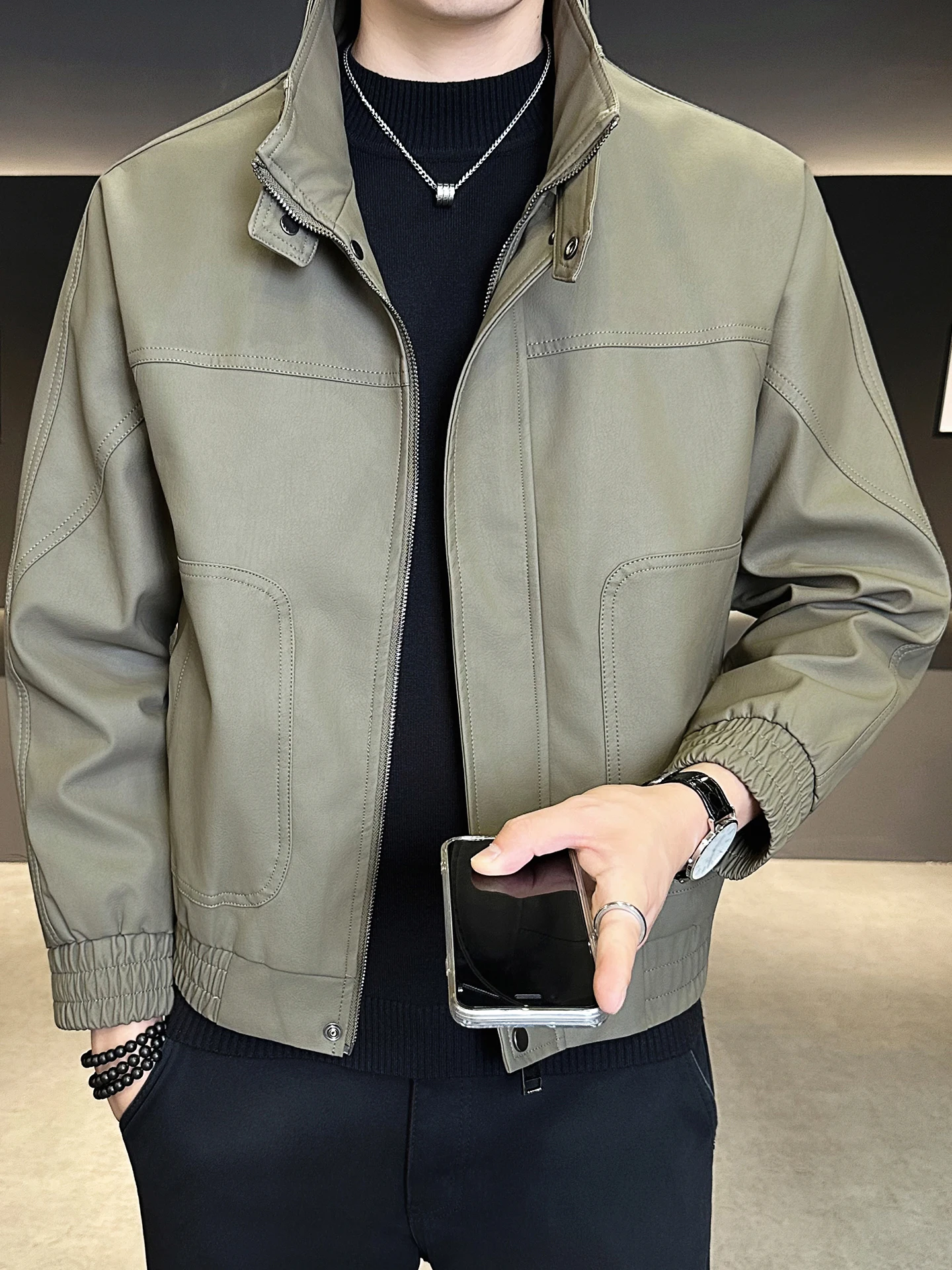 

Облегающая кожаная куртка для мужчин, осенне-зимняя модная новинка, однотонная верхняя одежда с воротником-стойкой, крутая выглядящая верхняя одежда