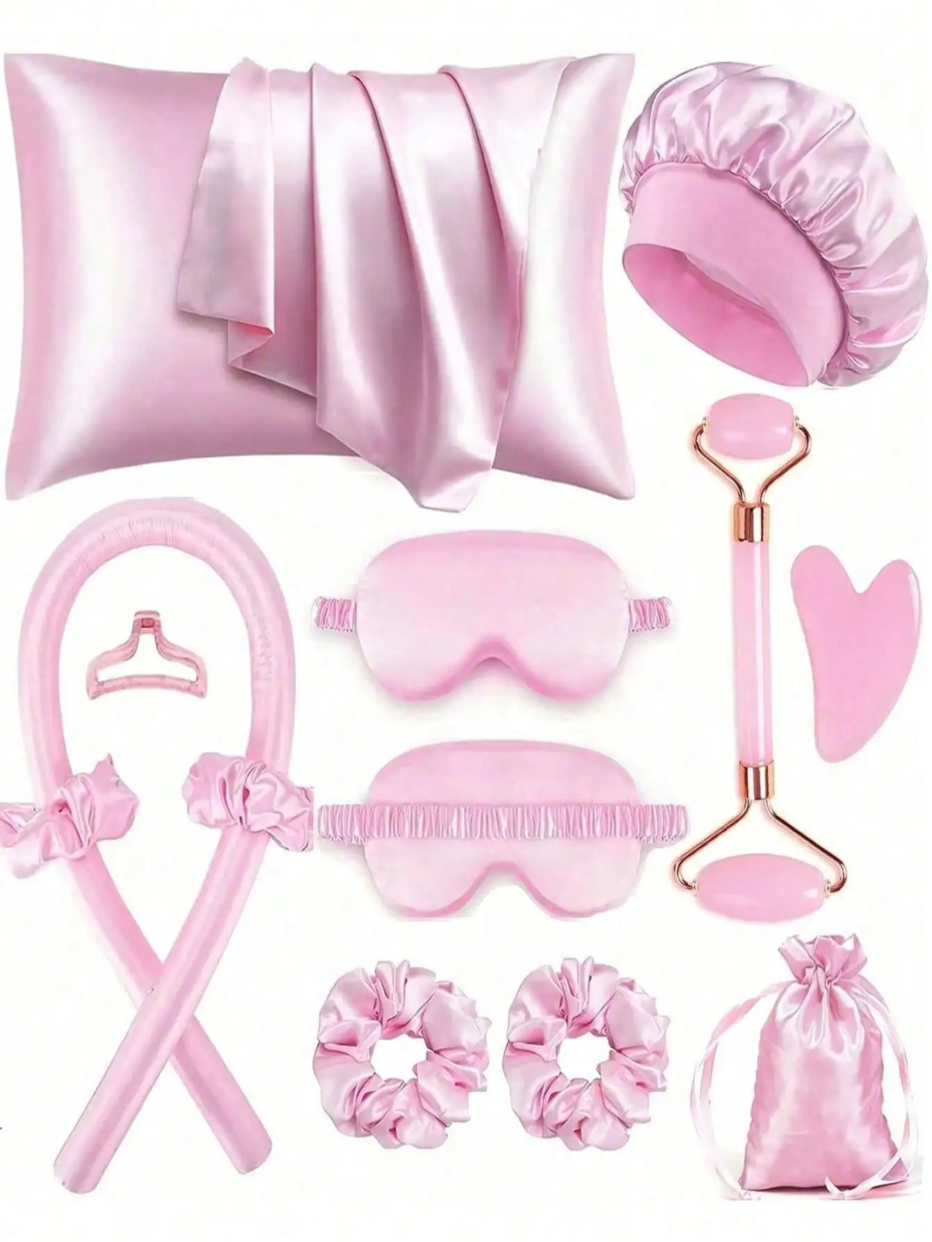 

Набор для сна и ухода за волосами из 12 предметов: розовый атласный комплект с наволочкой, шапочкой, масками для глаз, резинками для волос, роликом и гуаша-скребком