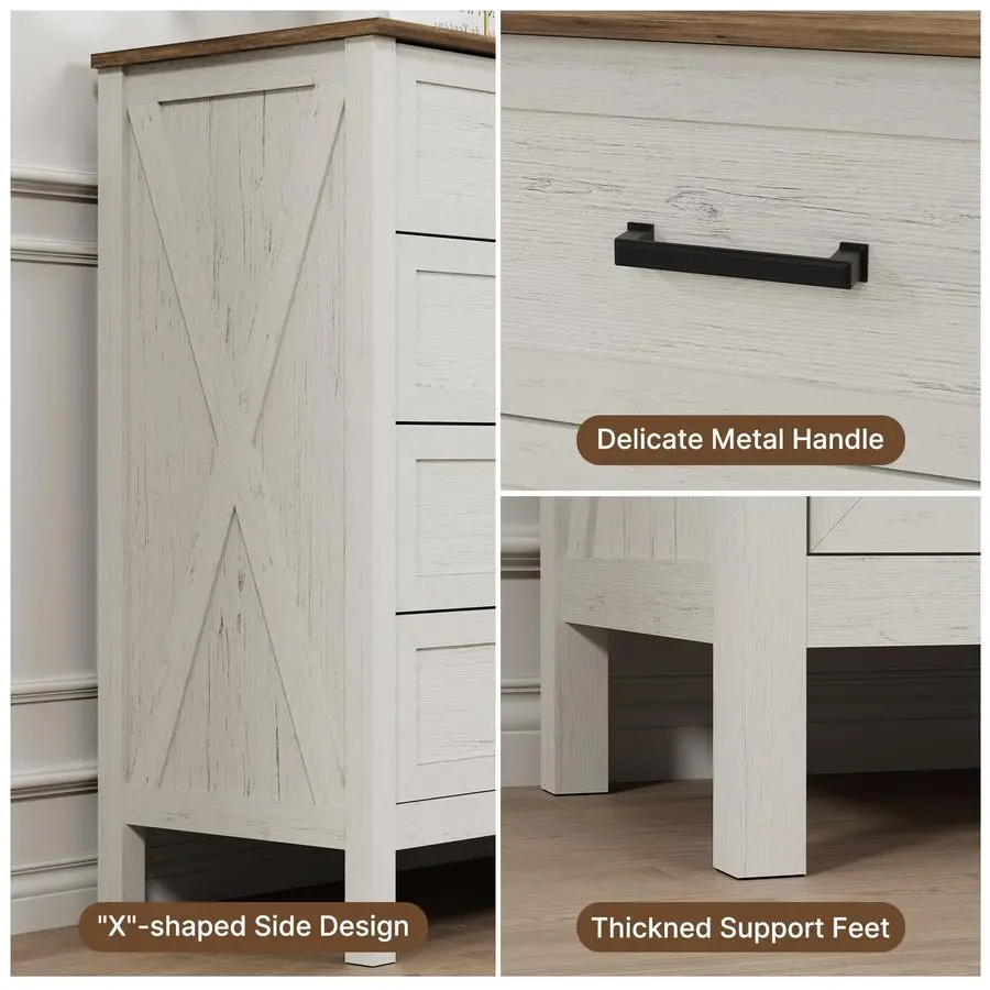팜하우스 스타일 침실용 8단 서랍장, 55인치 폭의 나무 소재의 러스틱 서랍장, X자형 핸들, 대형 수납공간