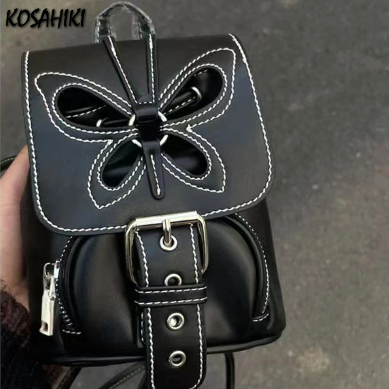 

Vintage Harajuku Bow Drawstring Cute Backpacks Women Black Fashion Japanese Schoolbag Y2k Aesthetic Preppy Casual Mini Backpack