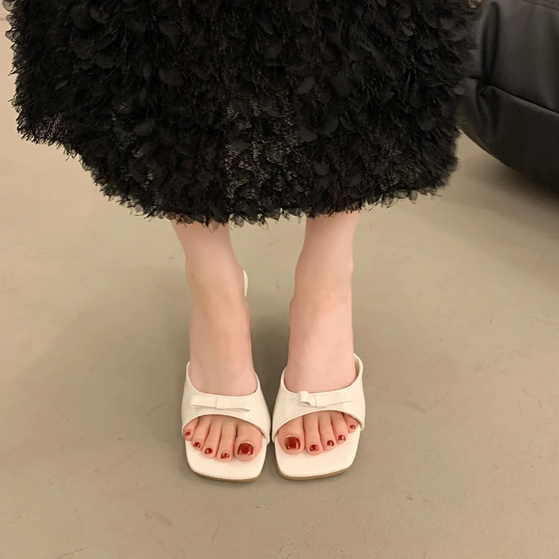 Aphixta Bow Knot Slides Square Toe Summer Shoes 6.5cm Thin Heel Slipper Women Casual Slides Outside Sandals Concise Slipper