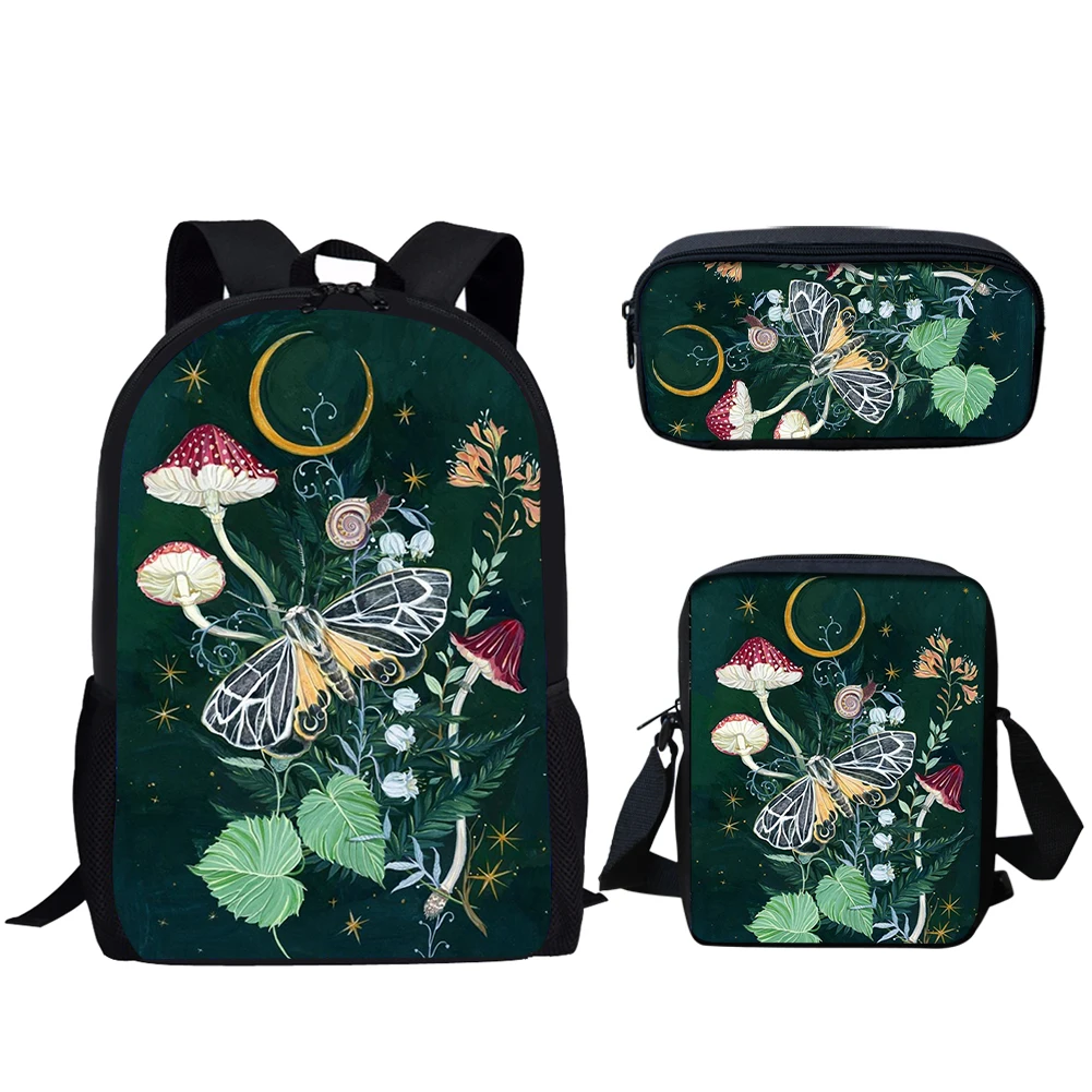 Set tas sekolah 3 buah untuk remaja, tas punggung kasual harian pelajar, ransel motif bulan jamur, kreatif, tas buku anak-anak