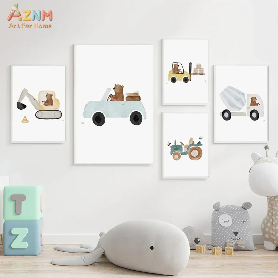 AZNM Bear Construction Truck Canvas Wall Art Excavator Tractor Mixer Car Watercolor Print Boys Nursery Room Unframed Decor Poste
