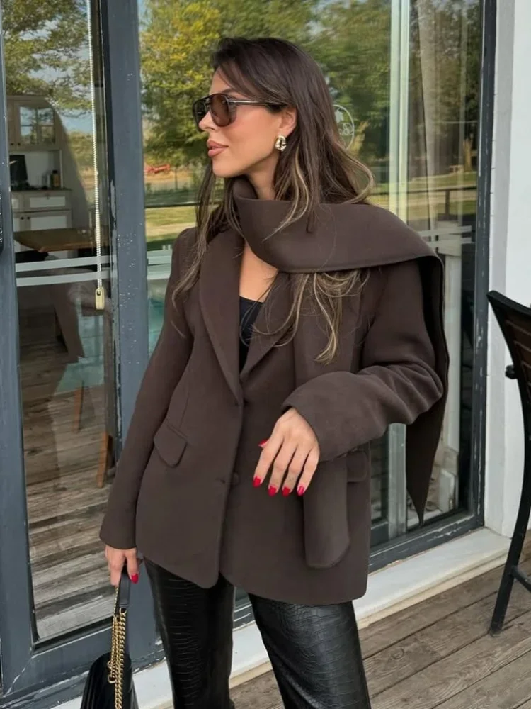 Fashion Woolen Blends Suit Jacket Scarf Collar Women Full Sleeve Lapel Single Breasted Loose Coat Casual Highstreet Outerwear