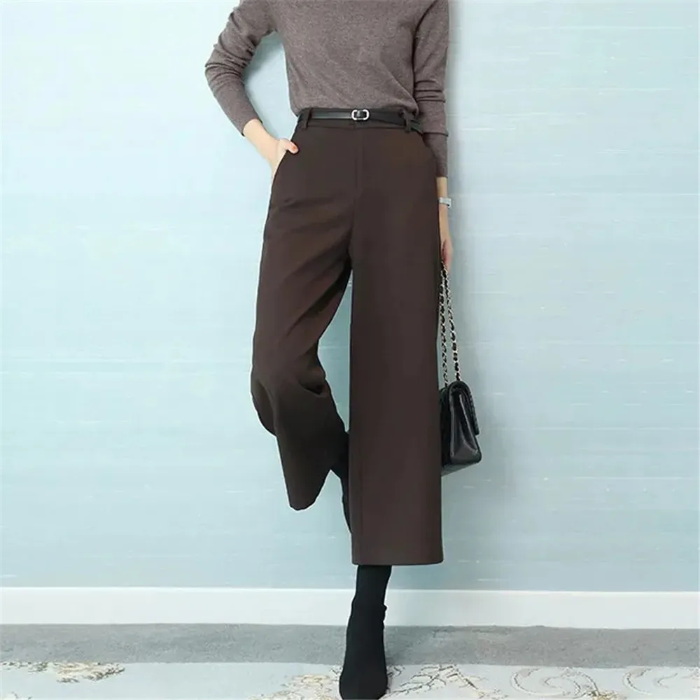 

Korean Vintage Wool Boot Pants Women Autumn Winter Woolen Wide Leg Pants High Waist Straight Leg Nine Minute Black Casual Pants