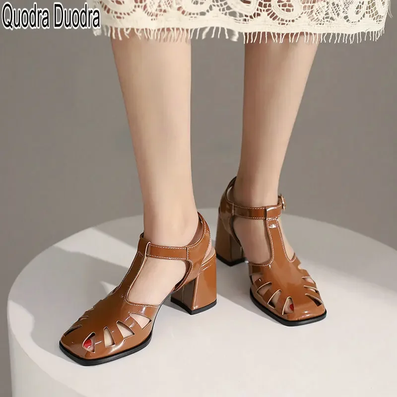 Shoes New Summer Sandals Women Female Fashion Lady PU Chunky Solid Plus Size 33 48 Casual  T-Strap High Heels Buckle Hollow Out