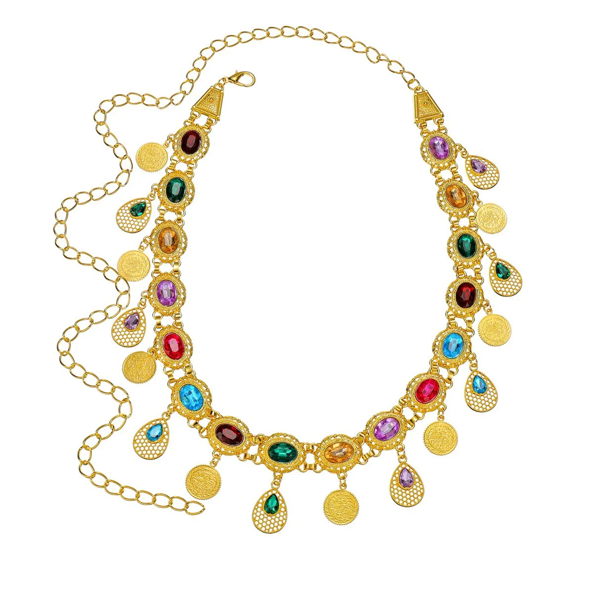 مرصعة بمجوهرات ملونة ومطلية بالذهب، هذا إكسسوار حزام الرقص الشرقي على الطراز العرقي هو قطعة من المجوهرات لرقص البطن