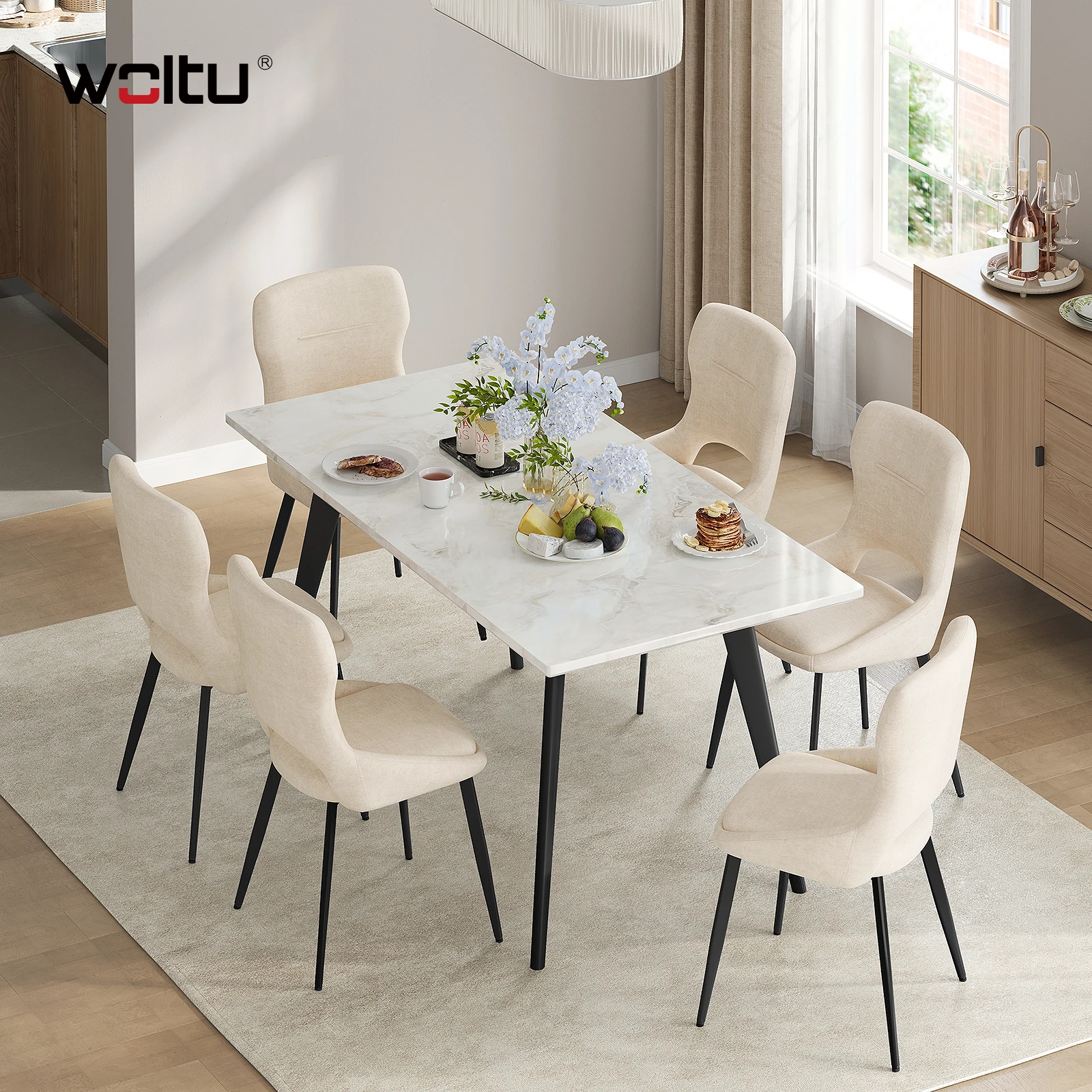 WOLTU Lot de 6 chaises de cuisine, chaises de salle à manger, chaise de salle à manger à dossier haut creux, siège rembourré en chenille, pieds en métal pour salon