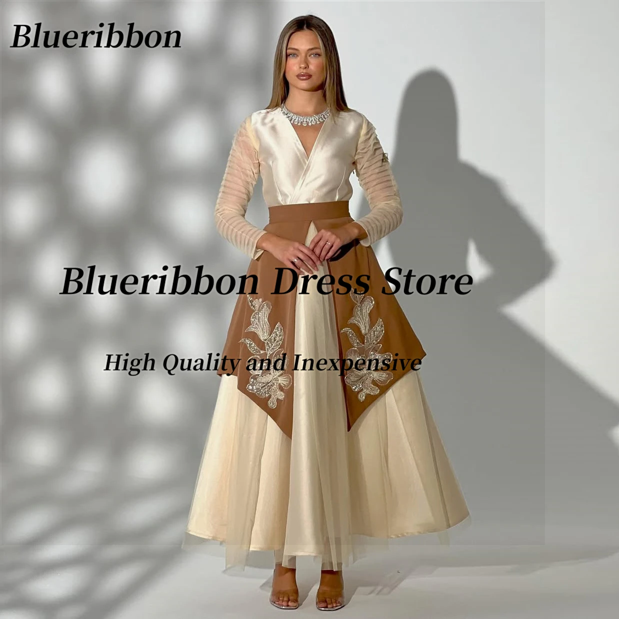 

Blueribbon Bespoke Prom Dresses 2025 V Neck Long Sleeves Evening Dress with Applique Overskirts Saudi Party Gowns Customized