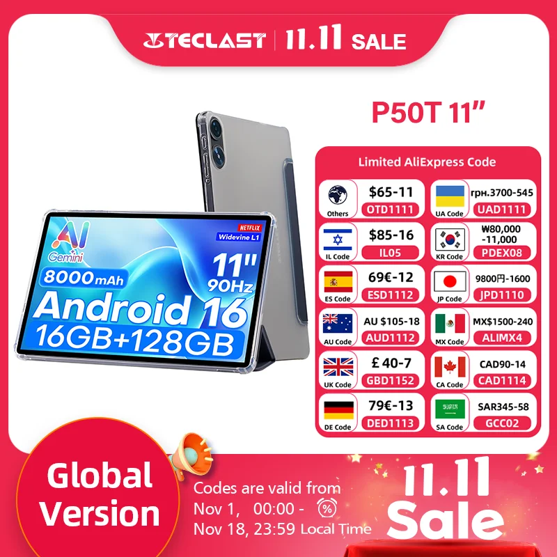 Teclast P50T 안드로이드 16 태블릿 PC 90Hz 11인치 TDDI UNISOC T7250 옥타 코어 3GB 램+13GB 확장 128GB ROM 8000mAh GPS 태블릿