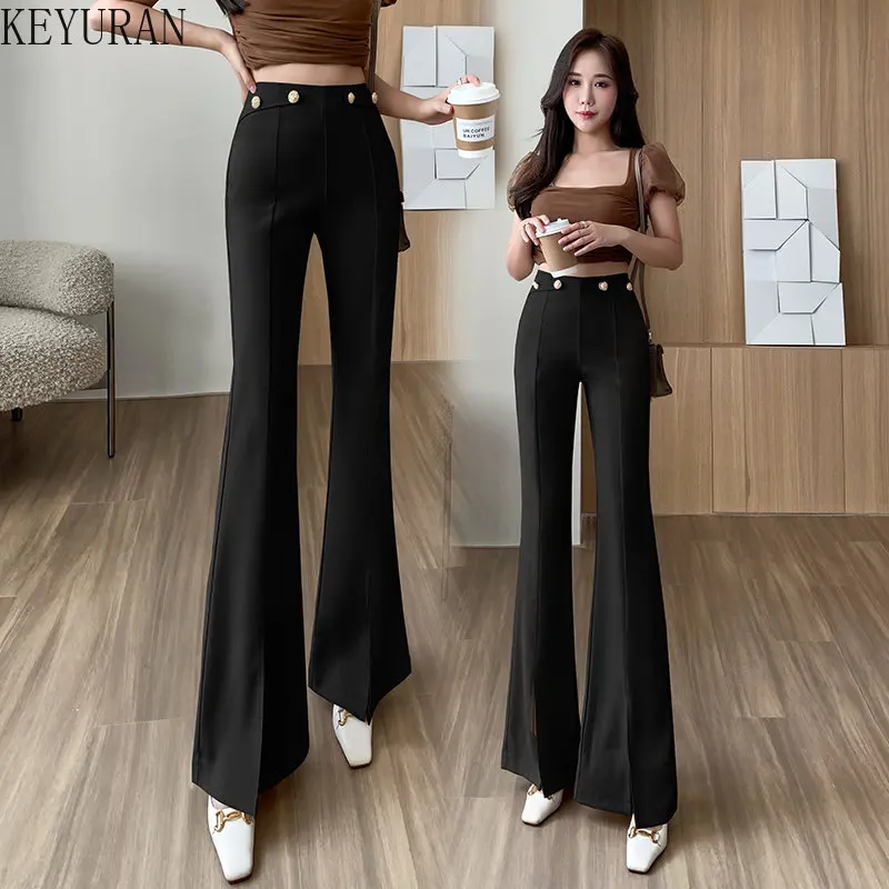 Buttons Apricot Black Flare Pants for Women Trousers Korean Fashion Casual Office Lady Female High Waist Long Bell Bottom Pants