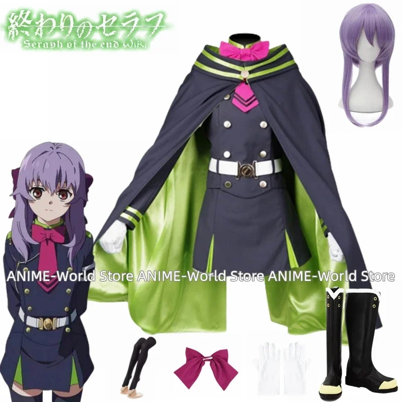 Anime Seraph of the End Owari no Serafu Hiiragi Shinoa Cosplay Costumes Wig Shoes Black Fancy Skirt Top Military Uniform Suit