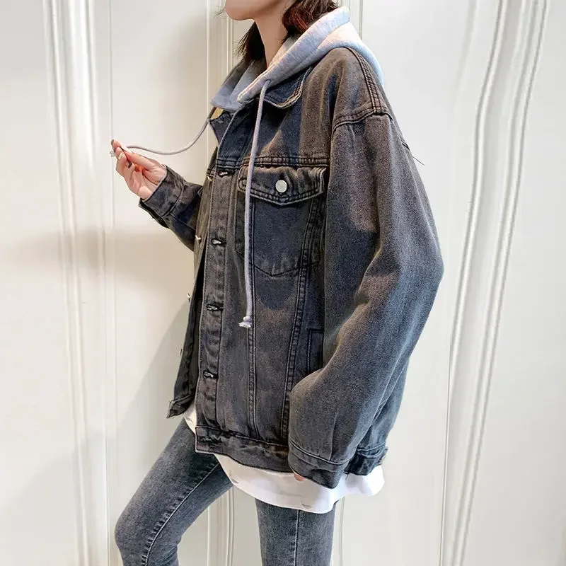 ベーシックジャケット女性デニムピュアフード付きBFストリートファッションオルチャンシックダメージ加工ポケットカレッジムヘール服アウターイン