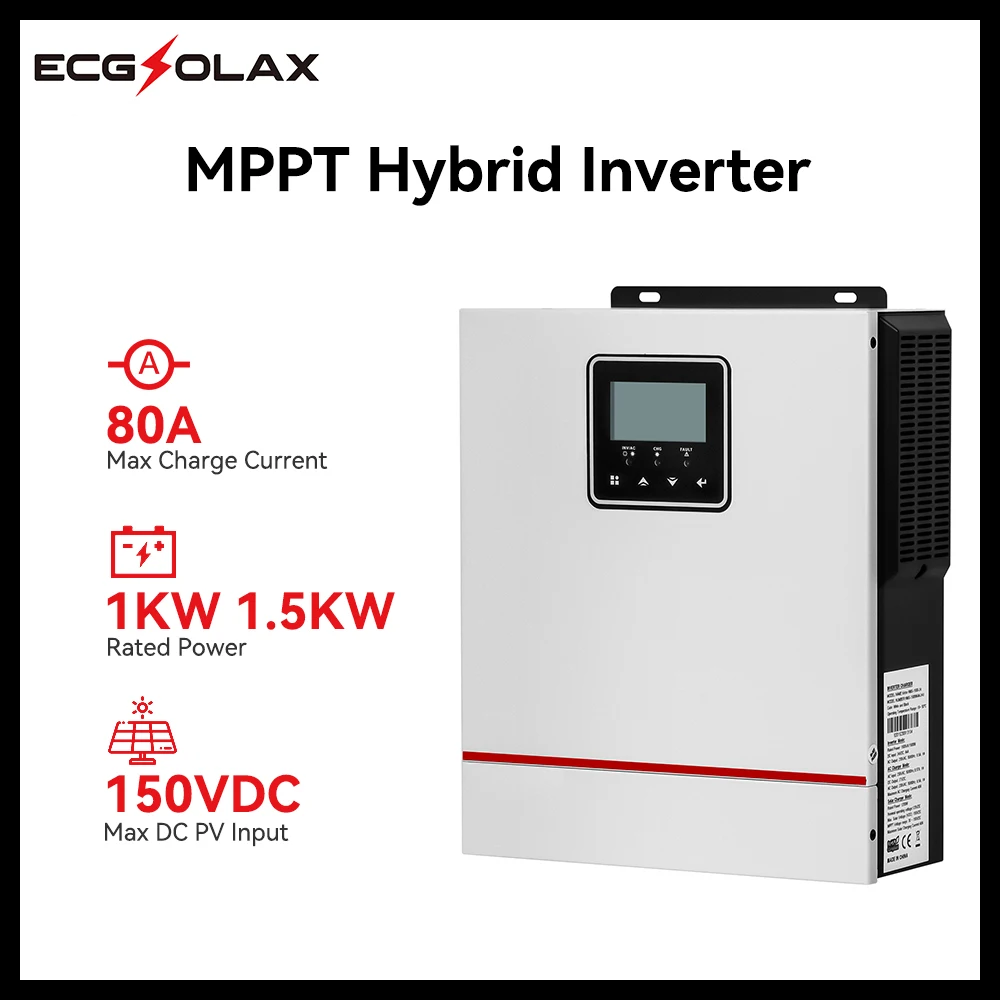 ECGSOLAX 1KW 1.5KW Solar Hybrid inverter 12V 24V 220V 1000W Hybrid Solar inverter With MPPT 80A Charging Controller Max PV 150V