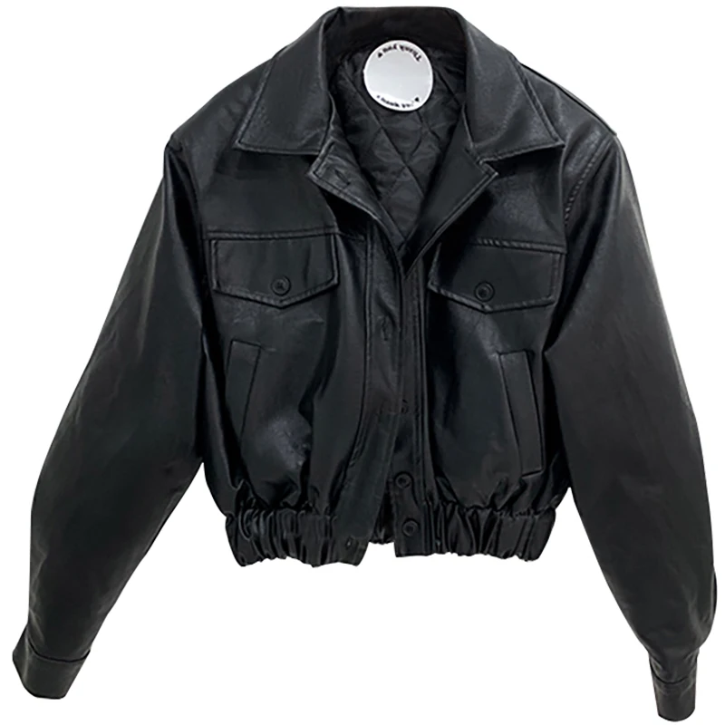 Fashion Spring Short Black Faux Leather Jackets for Women Waterproof Soft Light Long Sleeve Cool Outerwear Leather Jacket