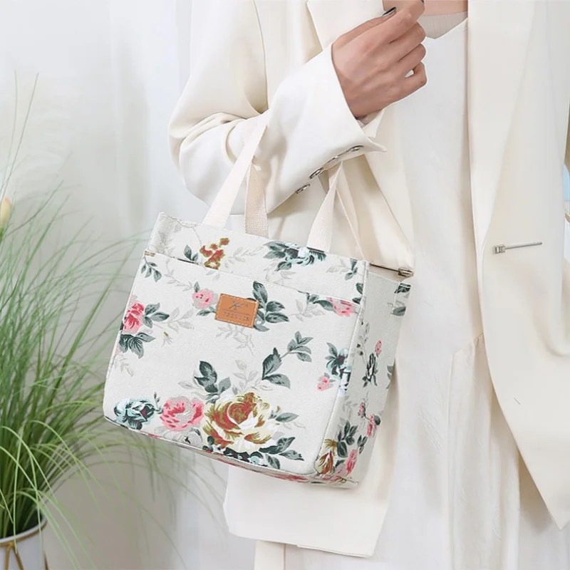 Portable Floral Print Lunch Bag Thermal Insulated Lunch Box Tote Cooler Functional Handbag Student Bento Pouch Food Storage Bags